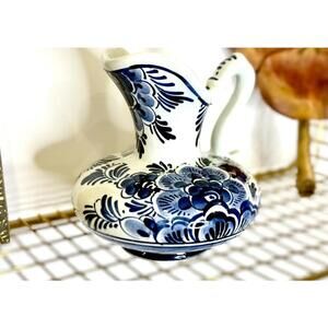 Vintage Delft Holland Hand Painted Pottery Pitcher Jug Blue Floral Netherlands